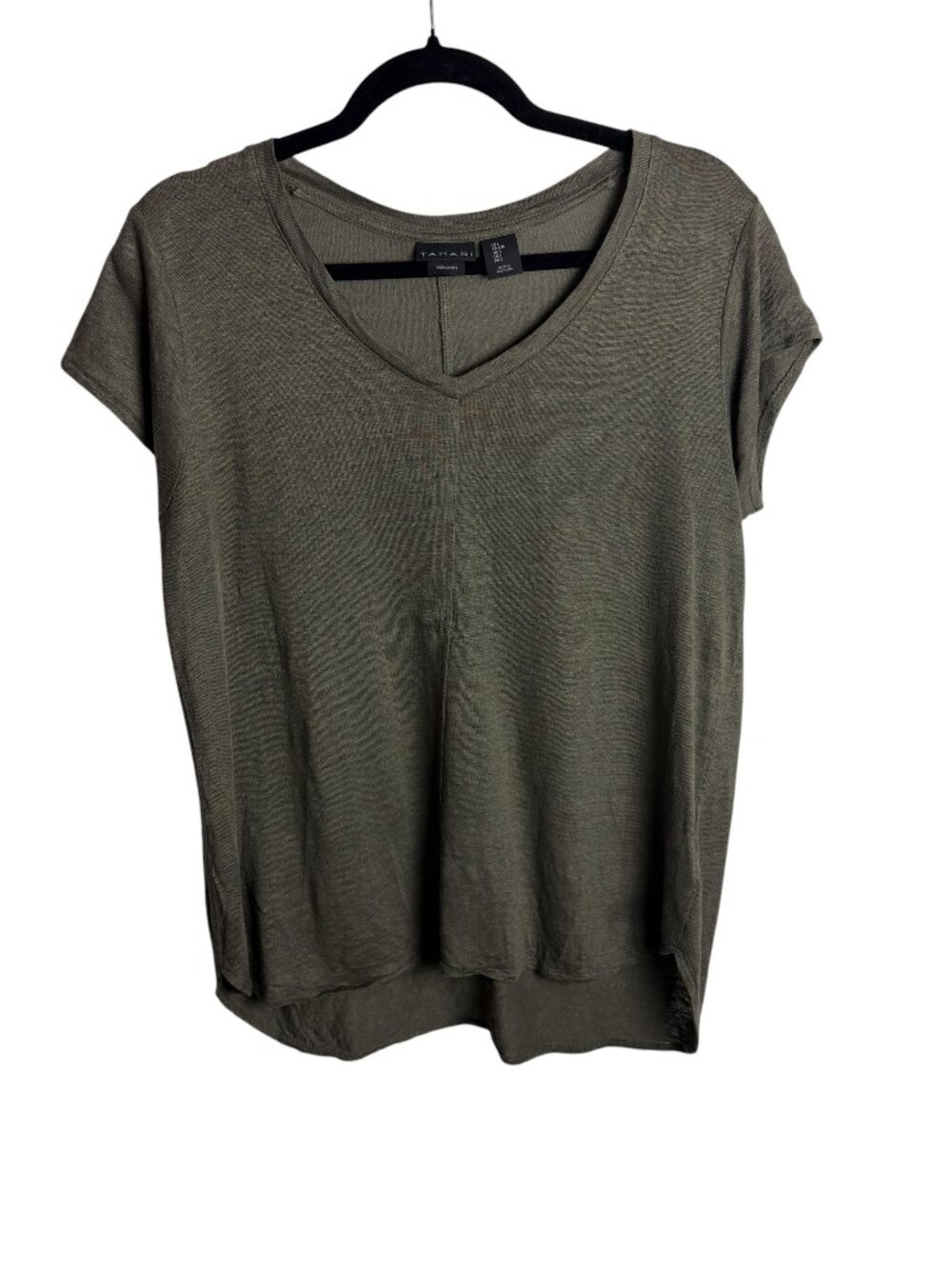 Tahari Size L Pure Linen Short Sleeve Blouse Top Olive Green Minimal Lagen Look